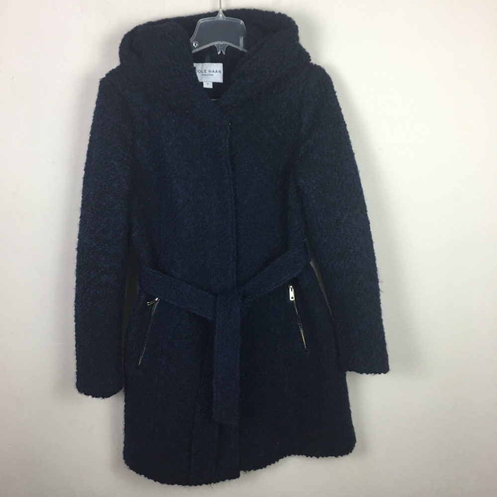 Cole Haan  Navy wool blend midi coat with hood